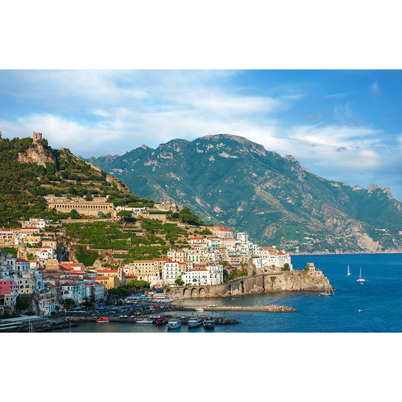 Mediterranean Water City Wall Mural Soft Color Stain-Proof Wall Art for Family Room