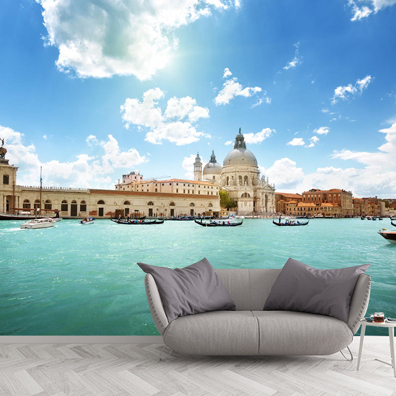 Mediterranean Water City Wall Mural Soft Color Stain-Proof Wall Art for Family Room