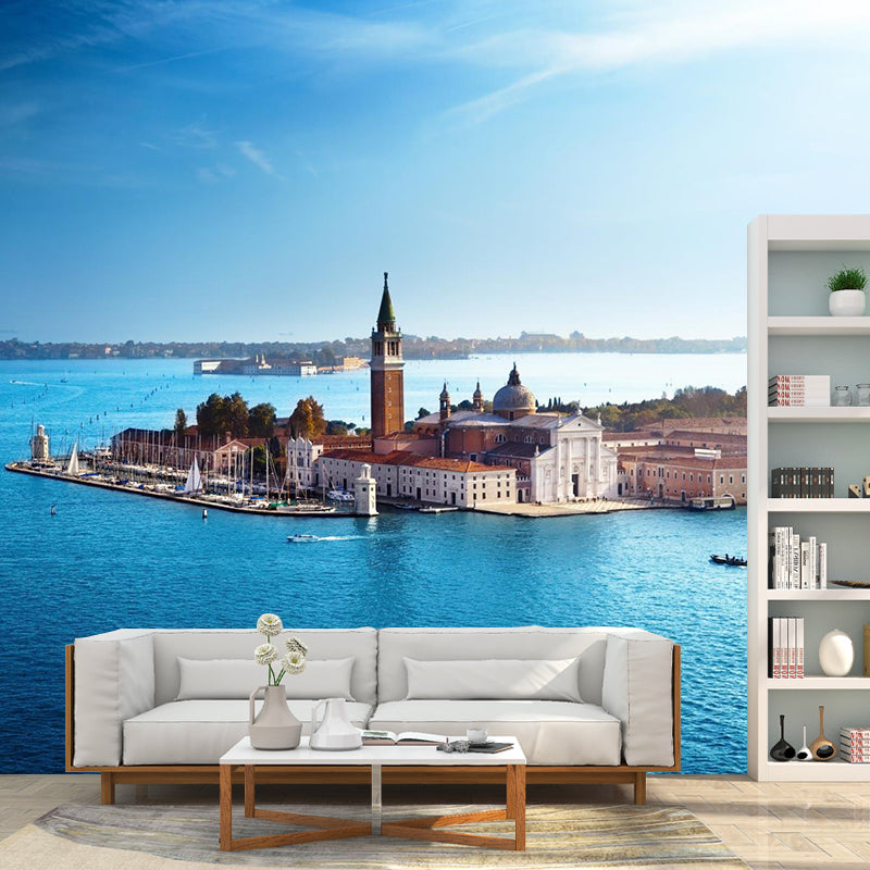 Mediterranean Water City Wall Mural Soft Color Stain-Proof Wall Art for Family Room