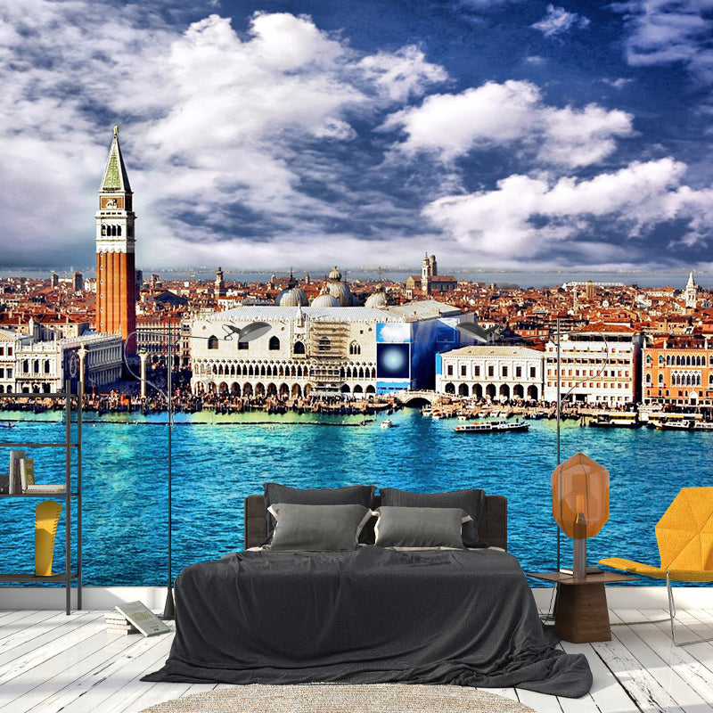 Mediterranean Water City Wall Mural Soft Color Stain-Proof Wall Art for Family Room