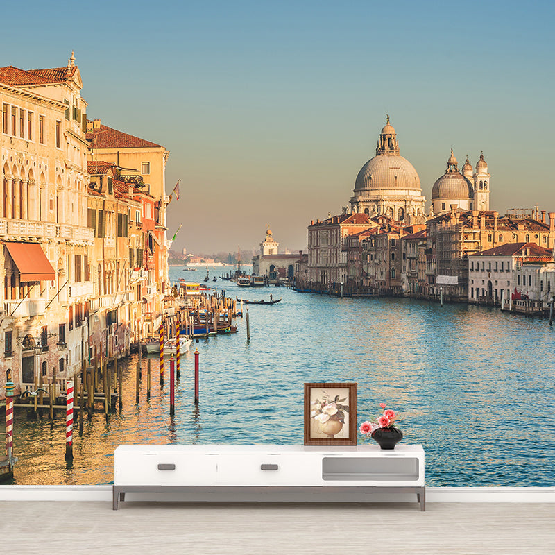 Grand Canal with Boats Mural Decal Pastel Modern Style Wall Decor for Living Room