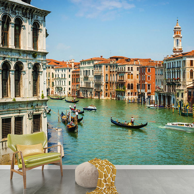 Grand Canal with Boats Mural Decal Pastel Modern Style Wall Decor for Living Room