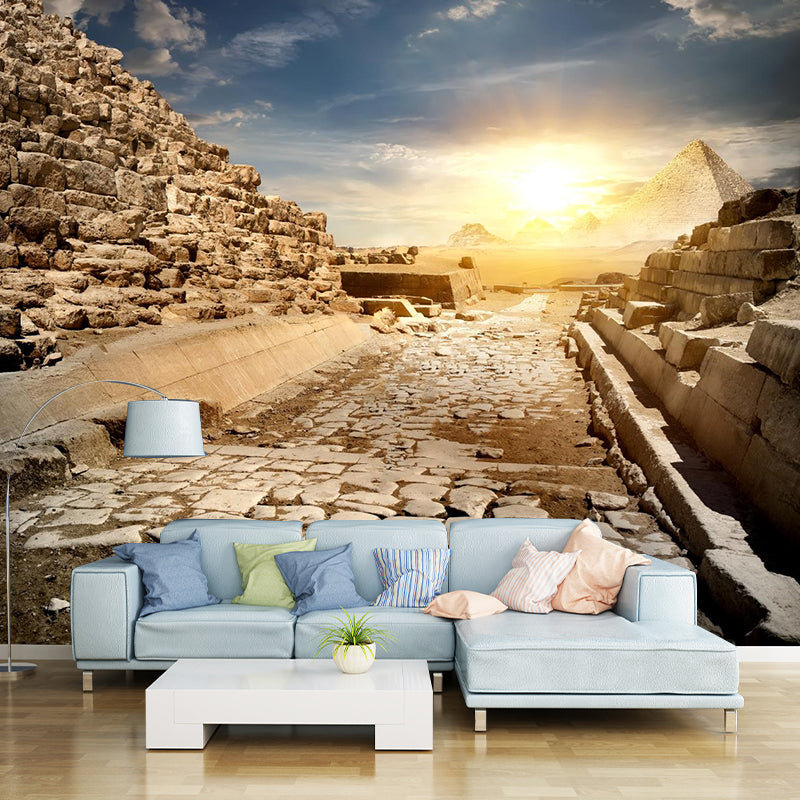 Contemporary Scenery Mural Wallpaper Natural Color Sun over the Pyramid Wall Covering