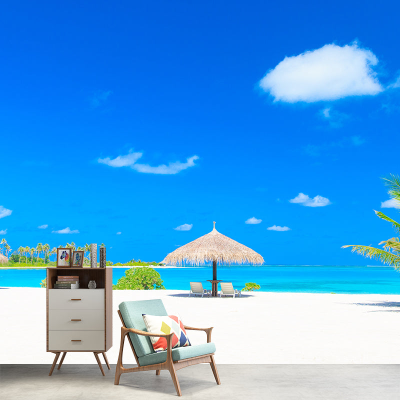 Beach with Palm Tree Mural Bright Tropical Wall Covering for Accent Wall, Custom Size