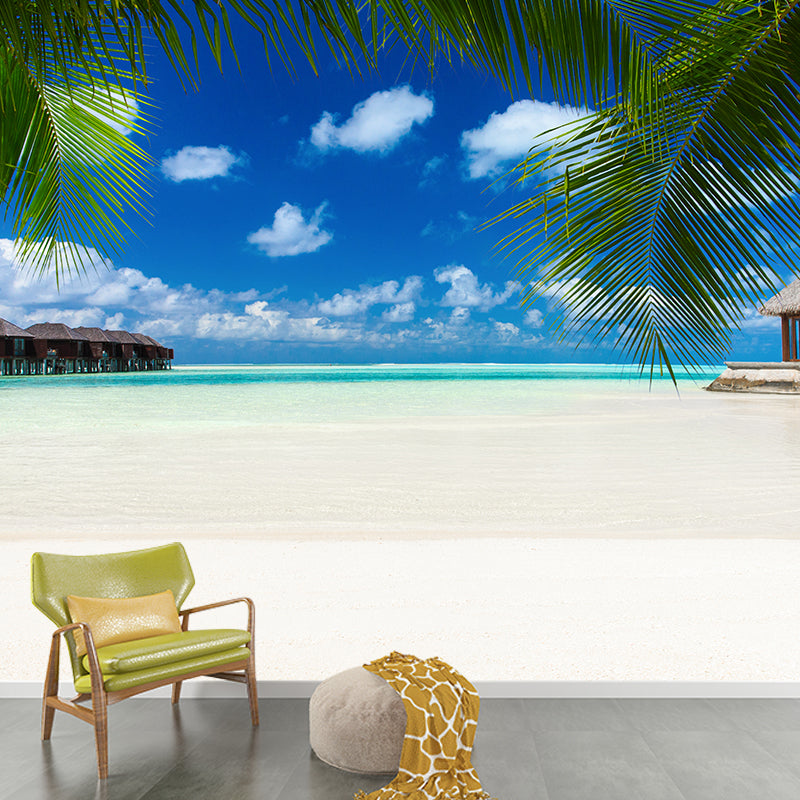 Beach with Palm Tree Mural Bright Tropical Wall Covering for Accent Wall, Custom Size