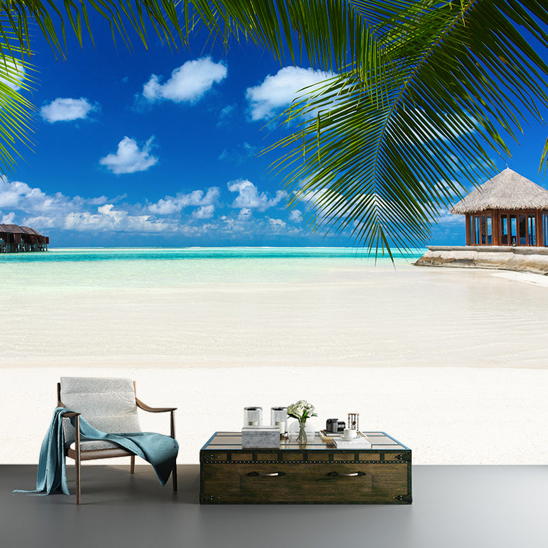 Beach with Palm Tree Mural Bright Tropical Wall Covering for Accent Wall, Custom Size