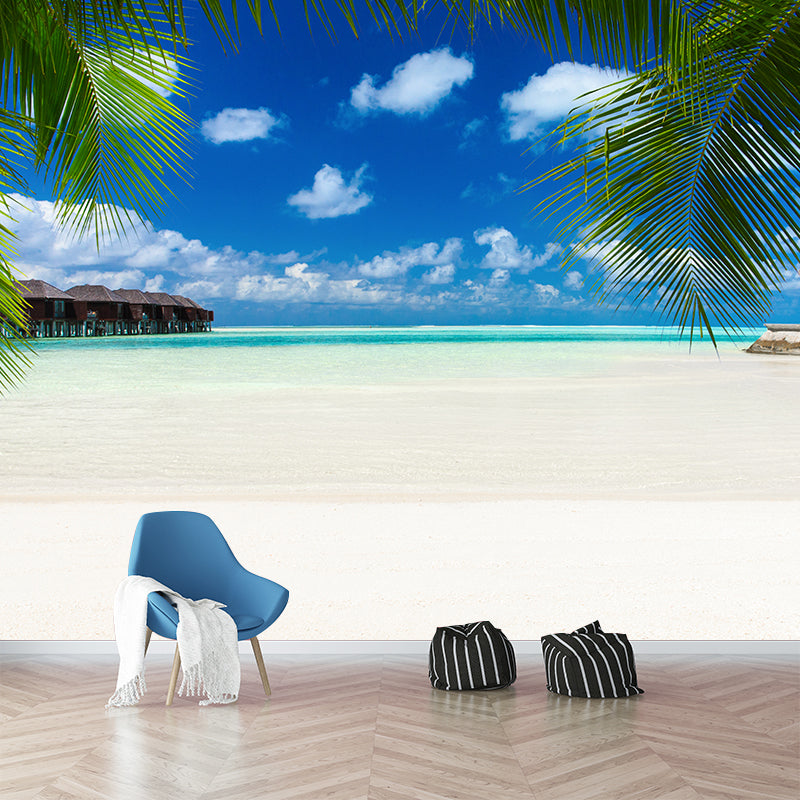 Beach with Palm Tree Mural Bright Tropical Wall Covering for Accent Wall, Custom Size