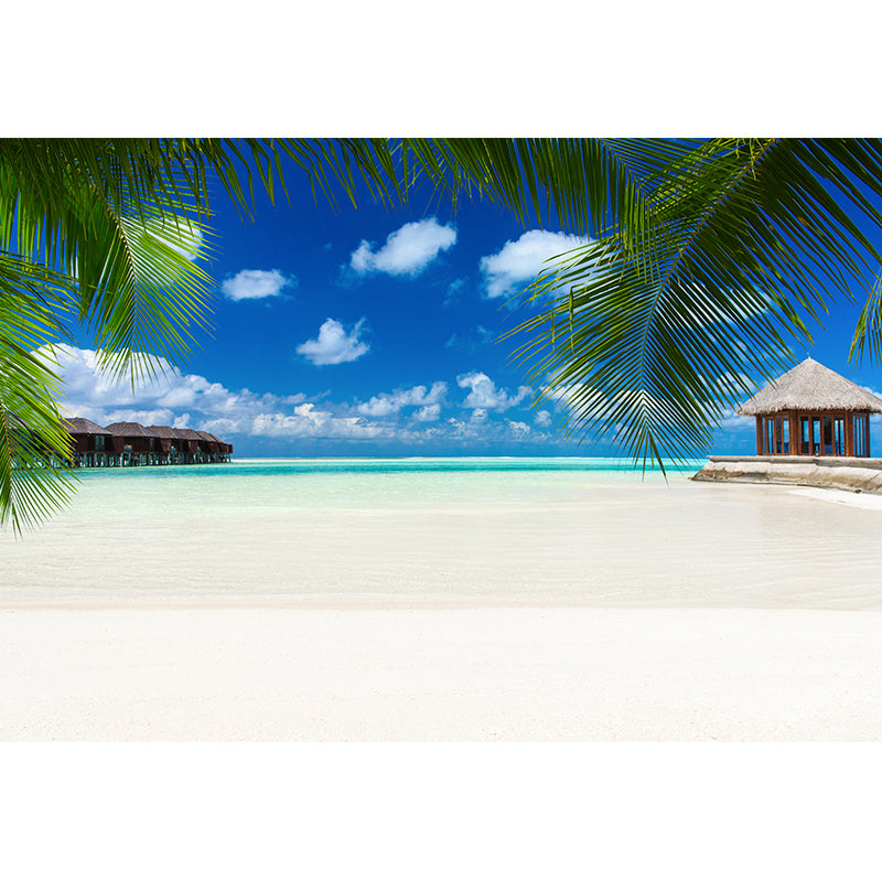 Beach with Palm Tree Mural Bright Tropical Wall Covering for Accent Wall, Custom Size