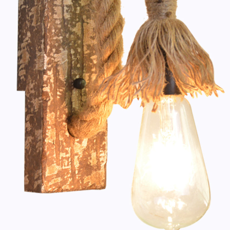 1 Light Bare Bulb Wall Light Fixture Warehouse Beige Jute Rope Wall Mounted Lamp with Wood Backplate