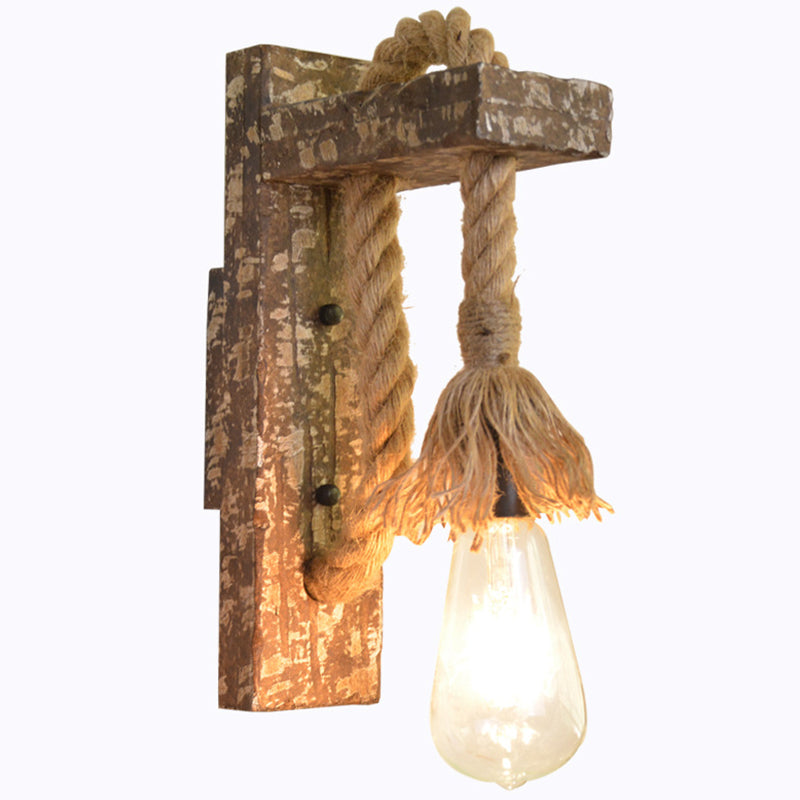 1 Light Bare Bulb Wall Light Fixture Warehouse Beige Jute Rope Wall Mounted Lamp with Wood Backplate