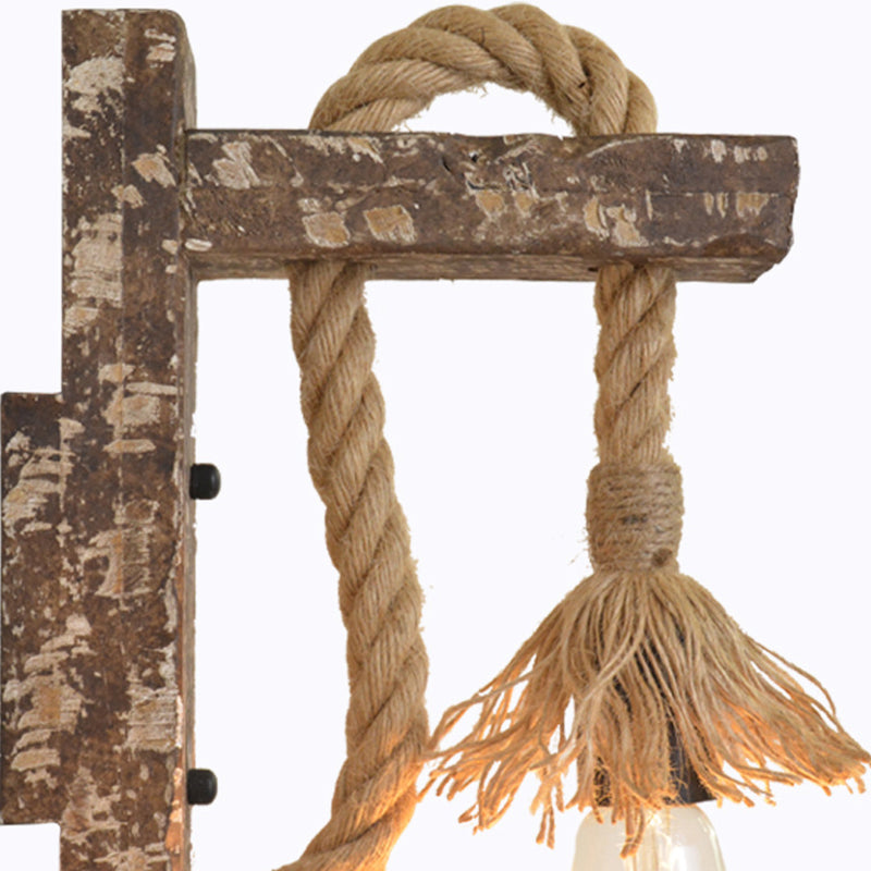 1 Light Bare Bulb Wall Light Fixture Warehouse Beige Jute Rope Wall Mounted Lamp with Wood Backplate