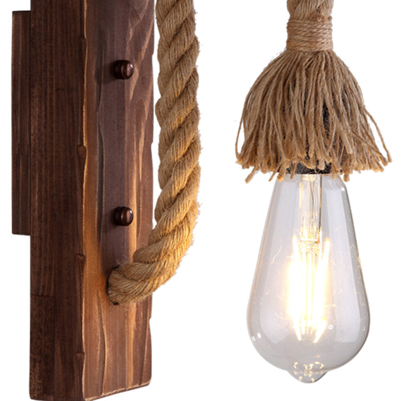Brown L-Shaped Arm Wall Mount Lighting Rustic Wood 1 Light Dining Room Wall Light Fixture with Hemp Rope Cord