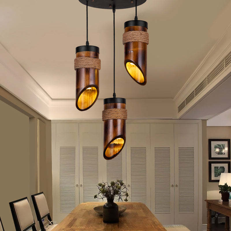 Bamboo Beveled Tube Hanging Light Fixture Factory Dining Room Rope Suspension Lamp in Brown