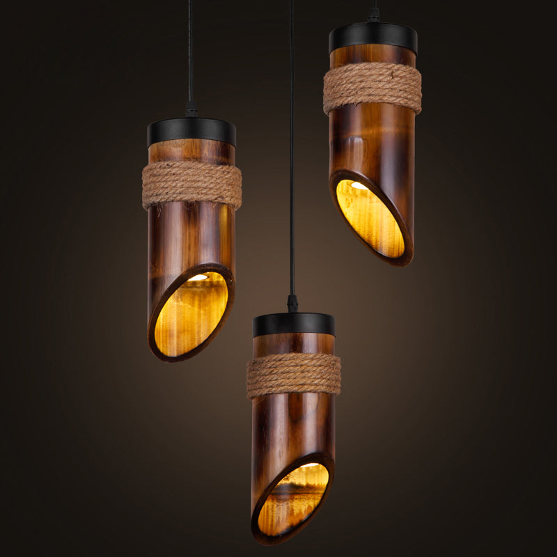 Bamboo Beveled Tube Hanging Light Fixture Factory Dining Room Rope Suspension Lamp in Brown