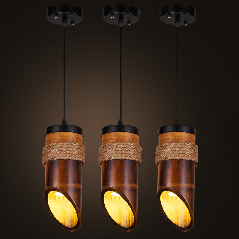 Bamboo Beveled Tube Hanging Light Fixture Factory Dining Room Rope Suspension Lamp in Brown