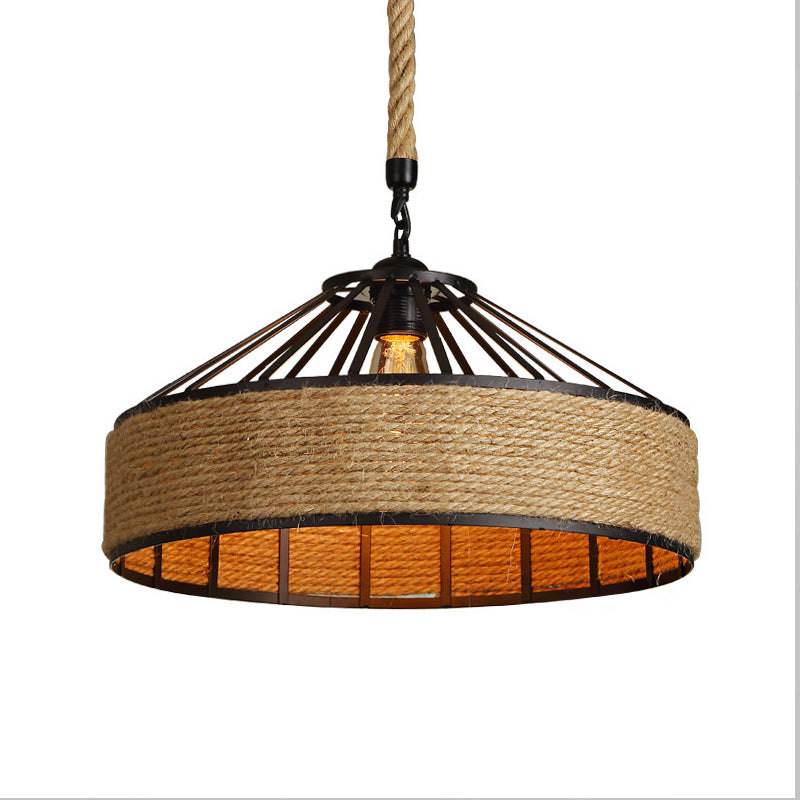 1 Éclairage de suspension de tête Farmhouse Corde Barn Shade Metal Drop Lampe en noir pour salle à manger