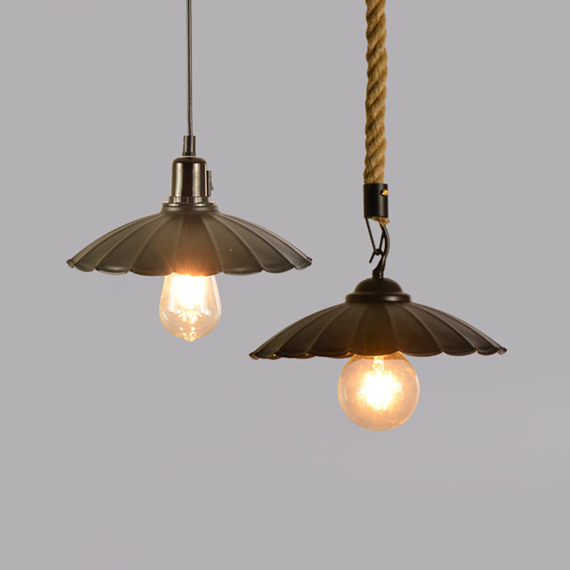 Black Scalloped Hanging Pendant Light Vintage Metal 1-Light Dining Room Suspension Lighting