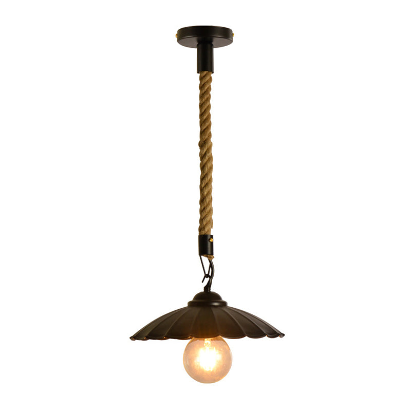Black Scalloped Hanging Pendant Light Vintage Metal 1-Light Dining Room Suspension Lighting