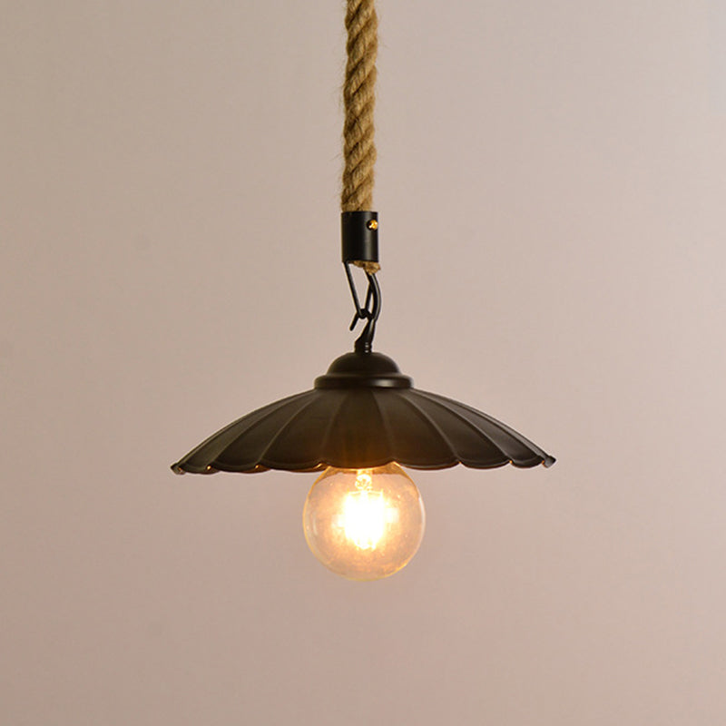 Black Scalloped Hanging Pendant Light Vintage Metal 1-Light Dining Room Suspension Lighting