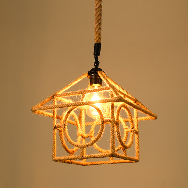 1 Head Drop Lamp Industrial Dining Room Pendant Lighting with Geometry Rope Shade in Beige