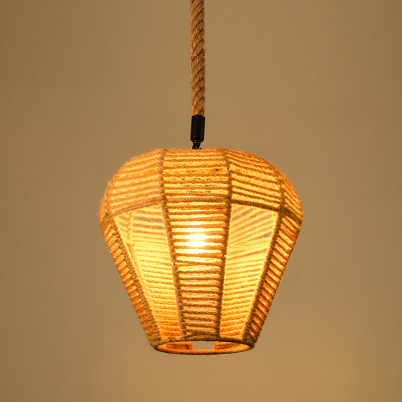 1 Head Drop Lamp Industrial Dining Room Pendant Lighting with Geometry Rope Shade in Beige