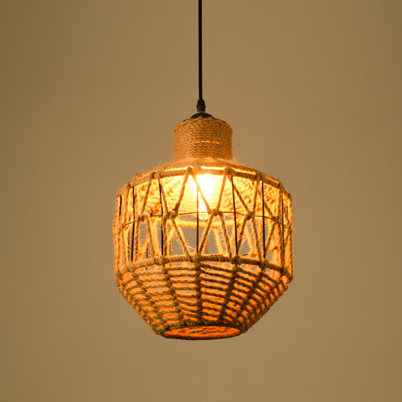1 Head Drop Lamp Industrial Dining Room Pendant Lighting with Geometry Rope Shade in Beige