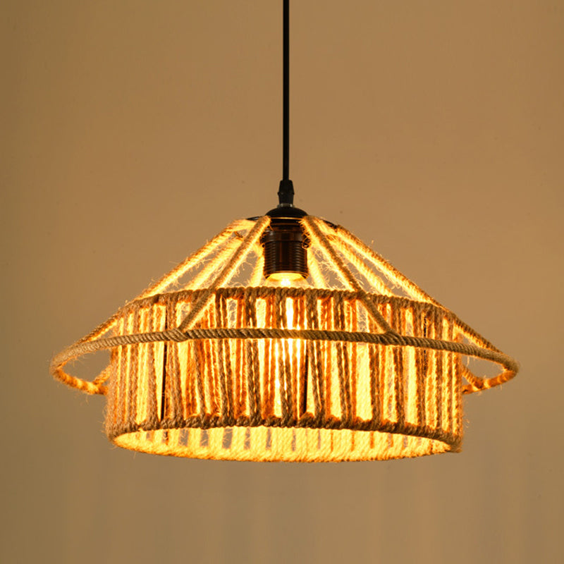 1 Head Drop Lamp Industrial Dining Room Pendant Lighting with Geometry Rope Shade in Beige