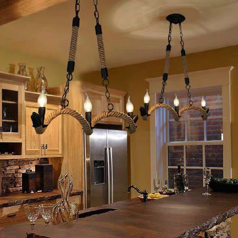 Rope Twisting Island Light Fixture Factory 3 Bulbs Restaurant Pendant Lighting with Candle Design in Black