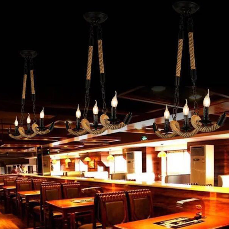 Rope Twisting Island Light Fixture Factory 3 Bulbs Restaurant Pendant Lighting with Candle Design in Black