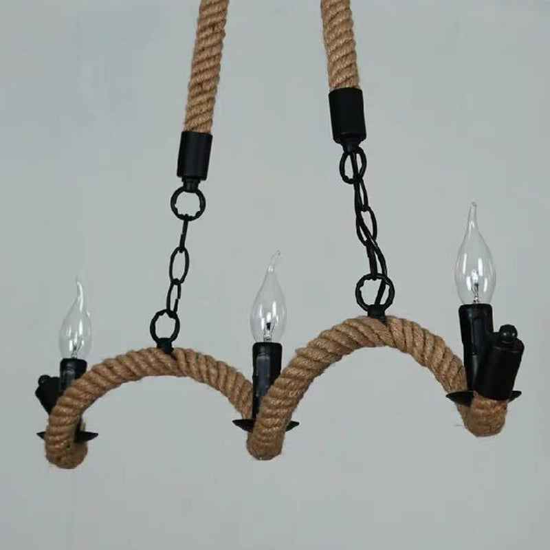 Rope Twisting Island Light Fixture Factory 3 Bulbs Restaurant Pendant Lighting with Candle Design in Black