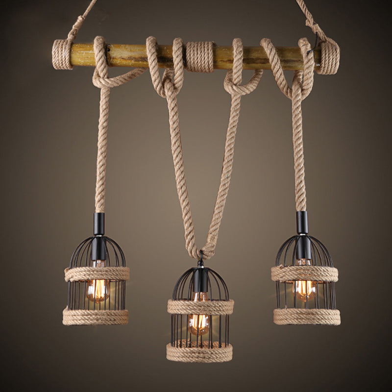3-Light Island Lamp Farm Birdcage Metallic Hanging Ceiling Light with Jute Rope Cord