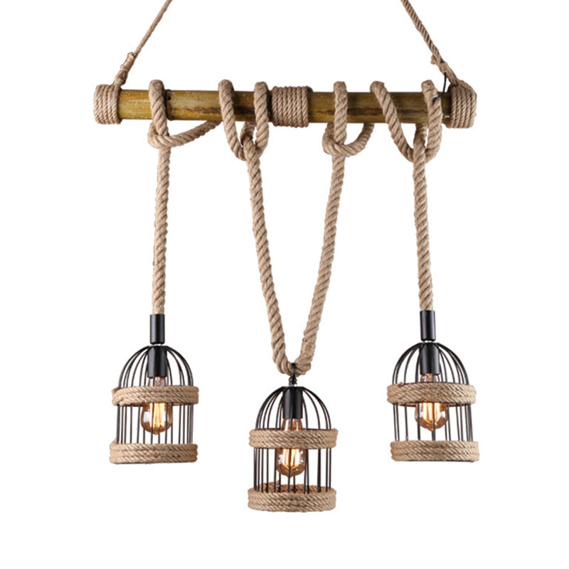 3-Light Island Lamp Farm Birdcage Metallic Hanging Ceiling Light with Jute Rope Cord
