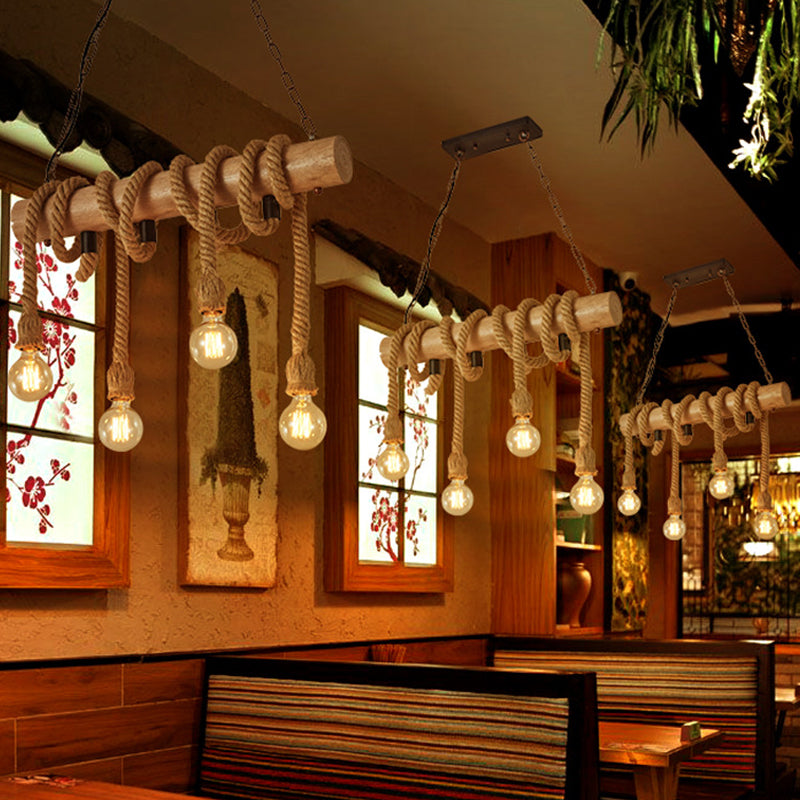 Linear Restaurant Island Pendant Light Warehouse Rope 4 Lights Brown Hanging Lamp Kit