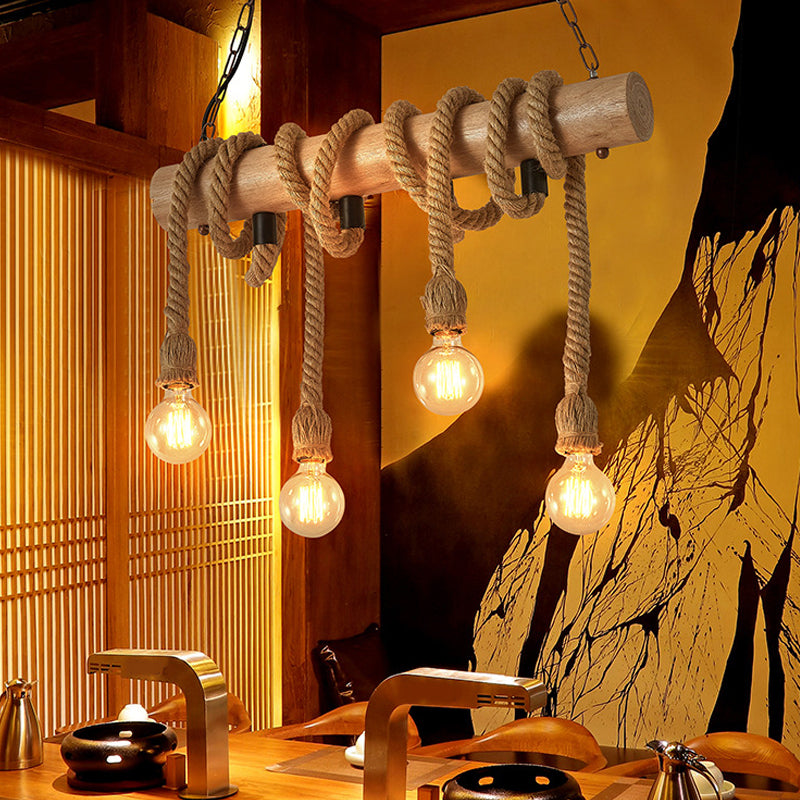 Linear Restaurant Island Pendant Light Warehouse Rope 4 Lights Brown Hanging Lamp Kit