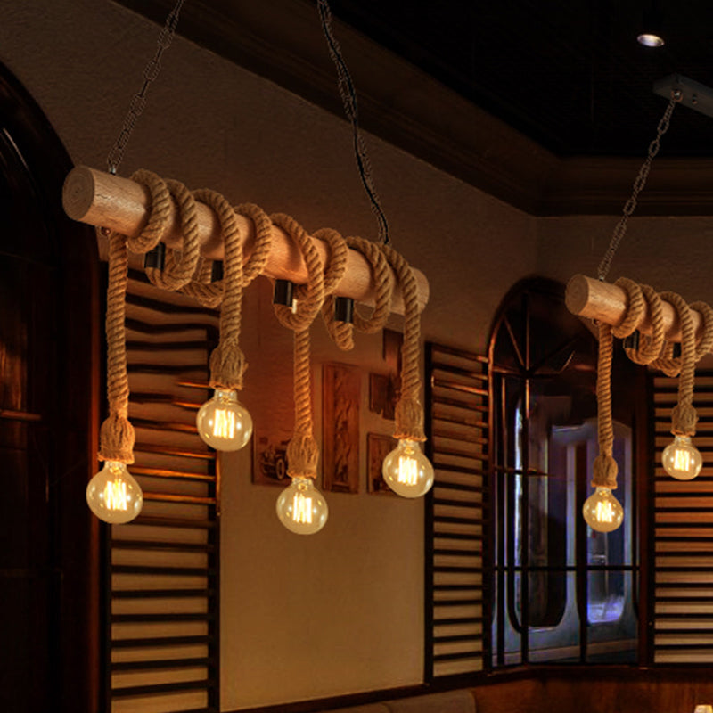 Linear Restaurant Island Pendant Light Warehouse Rope 4 Lights Brown Hanging Lamp Kit