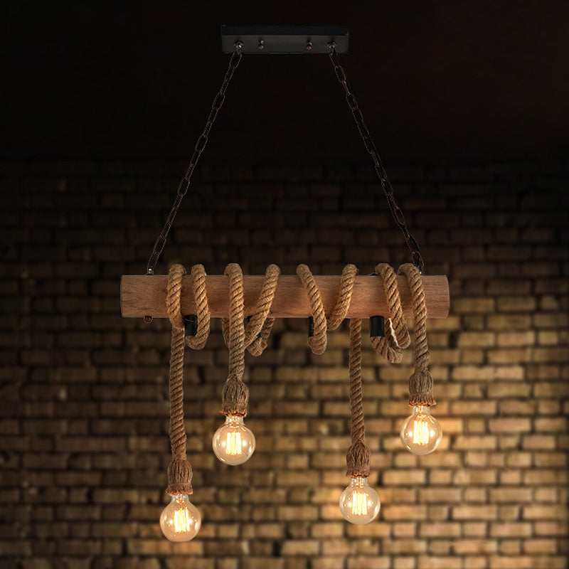Linear Restaurant Island Pendant Light Warehouse Rope 4 Lights Brown Hanging Lamp Kit