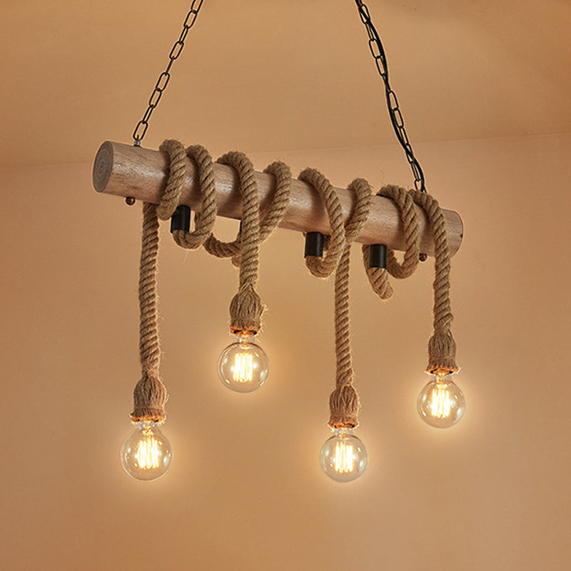Linear Restaurant Island Pendant Light Warehouse Rope 4 Lights Brown Hanging Lamp Kit