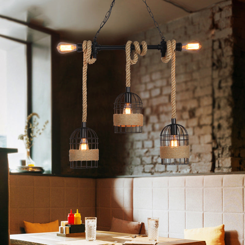 Black 5 Bulbs Island Lighting Factory Metal Birdcage Hanging Pendant Light with Jute Rope Cord