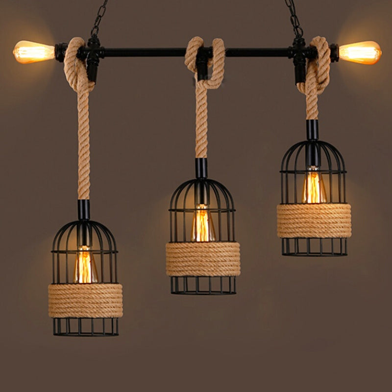 Black 5 Bulbs Island Lighting Factory Metal Birdcage Appeding Candant Light with Jute Rope