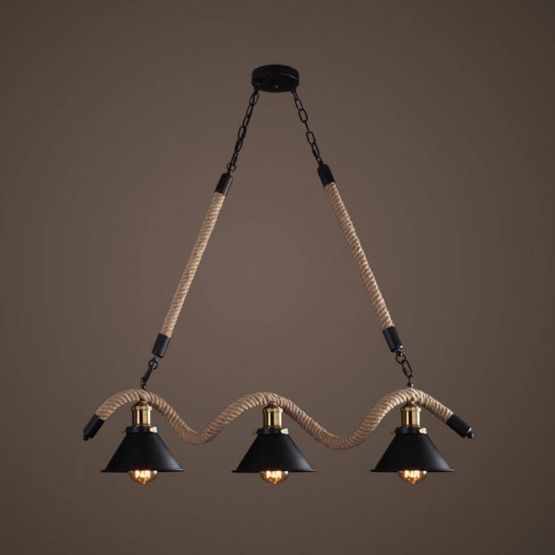 Beige Geometry Hanging Island Light Farmhouse Metal 3 Heads Dining Room Rope Pendant Lamp