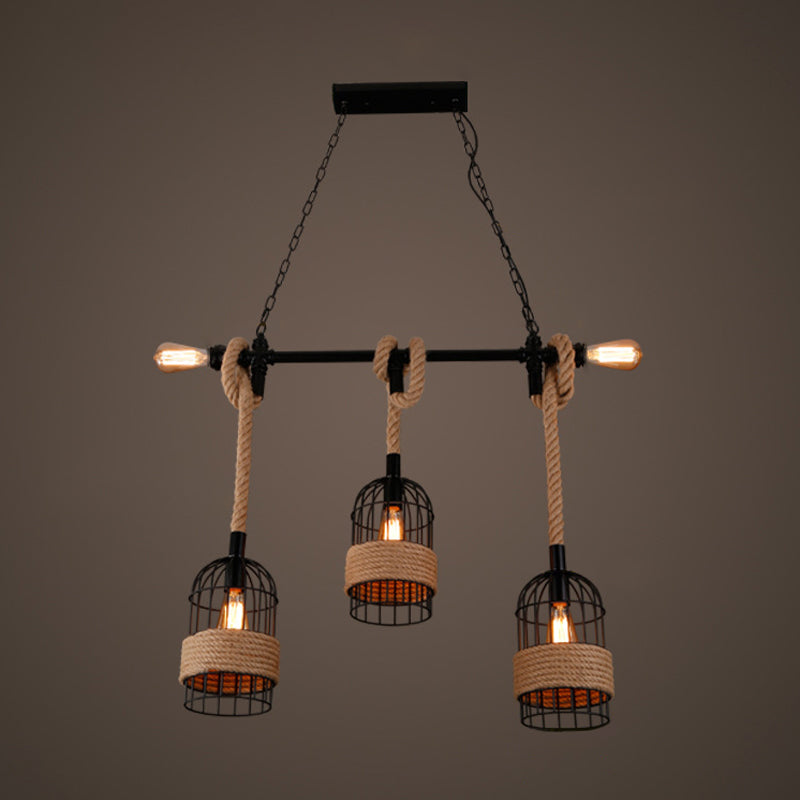 Beige Geometry Hanging Island Light Farmhouse Metal 3 Heads Dining Room Rope Pendant Lamp