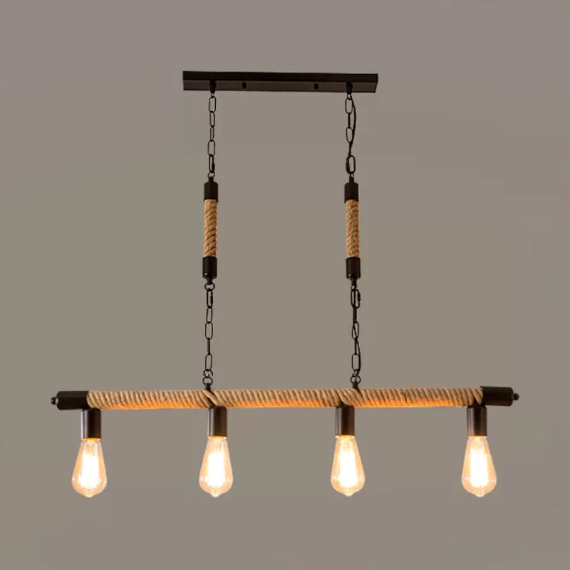 Rope Beige Island Light Fixture Industrial Linear 4-Light Industrial Style Ceiling Pendant with Bare Bulb Design