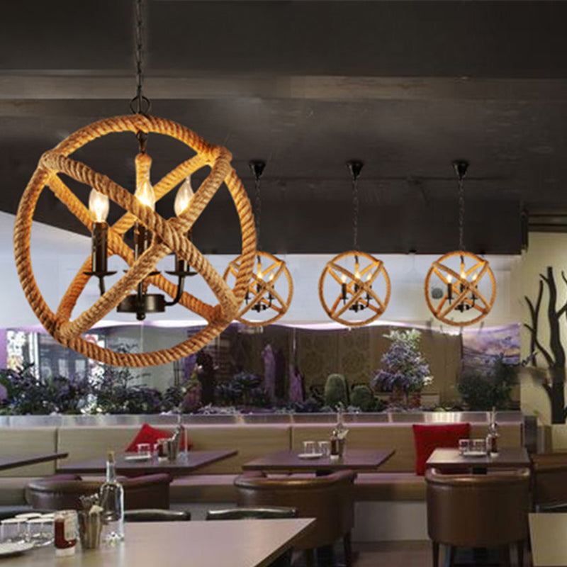 3 Bulbs Globe Cage Chandelier Light Factory Beige Natural Rope Hanging Lamp Kit with Candle Design