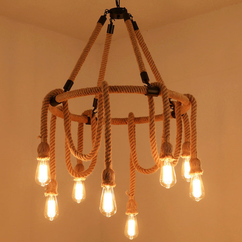 Hemp Rope Exposed Bulb Chandelier Antiqued Restaurant Pendant Light Kit in Beige