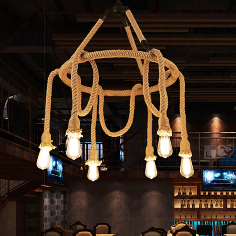 Hemp Rope Exposed Bulb Chandelier Antiqued Restaurant Pendant Light Kit in Beige