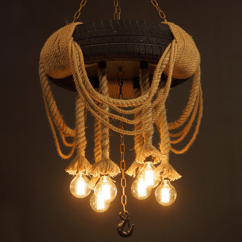 Black Tyre Hanging Chandelier Warehouse Rope 5 Lights Restaurant Suspension Pendant Light