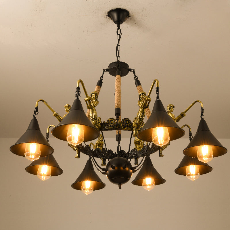 Farm Conical Pendant Chandelier Metal Suspension Lamp with Mermaid Arm in Black for Living Room