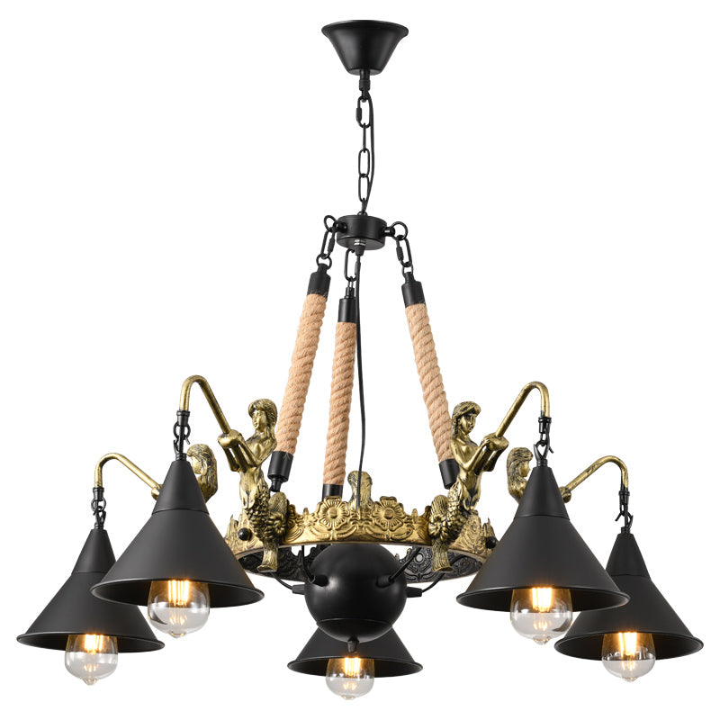 Farm Conical Pendant Chandelier Metal Suspension Lamp with Mermaid Arm in Black for Living Room