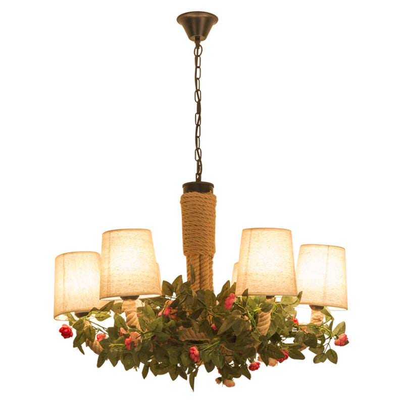 Conical Fabric Hanging Chandelier Rustic 6 Lights Dining Room Rope Ceiling Lamp in Beige