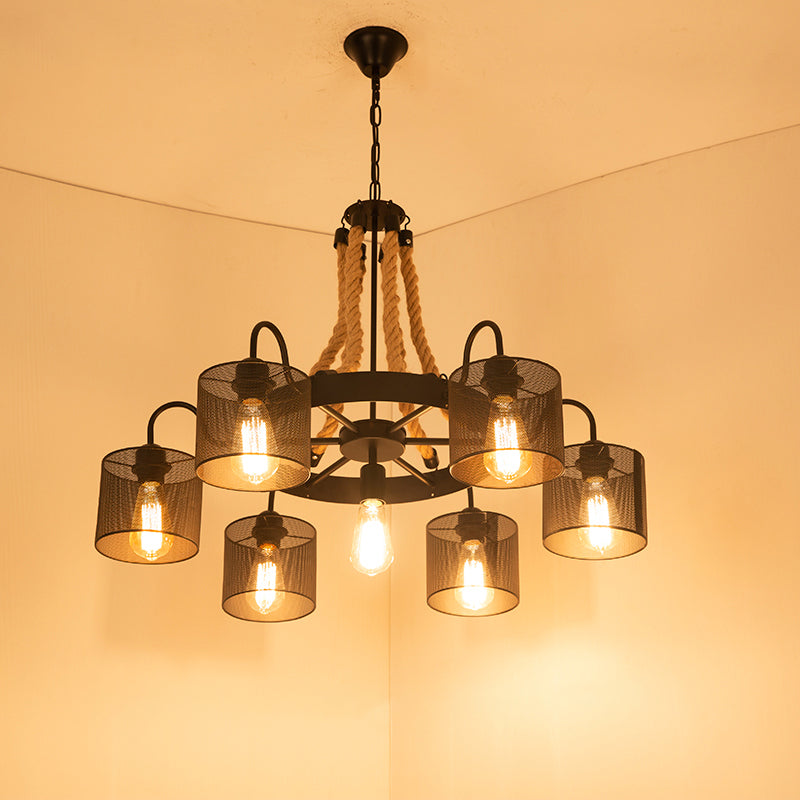 Wagon Wheel Metal Chandelier Factory Dining Room Jute Rope Pendant Light Kit in Black